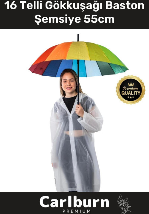 Premium Otomatik Mekanizma Baston Tip Rüzgar Korumalı Fiber 16 Telli Gökkuşağı Baston Şemsiye 55cm