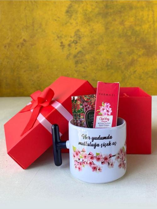 Mutluluk Seti, Cherry Blossom, Kadınlara Özel, Porselen T Kupa, Doğum Günü Hediyesi