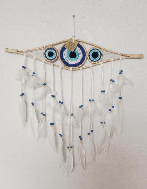 Düş Kapanı 3 Göz Makrome Dreamcatcher Bambu Nazarlı Beyaz Kuş Tüyü Rüya Kapanı Duvar Süsü Elişi