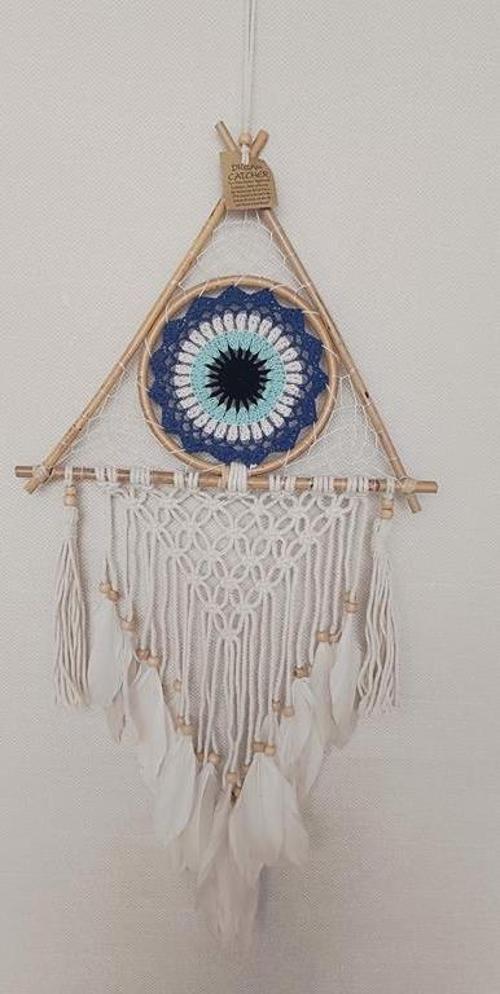 Düş Kapanı Üçgen Göz Makrome Dreamcatcher Bambu Nazarlı Beyaz Kuş Tüyü Rüya Kapanı Duvar Süsü Elişi