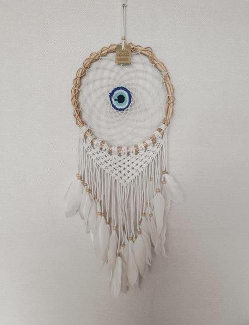 Düş Kapanı Göz Makrome Dreamcatcher Bambu Nazarlı Beyaz Kuş Tüyü Rüya Kapanı Duvar Süsü Elişi