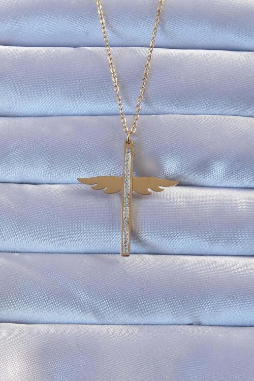 316L Çelik Altın Renk Zirkon Taşlı Mikail Kolye