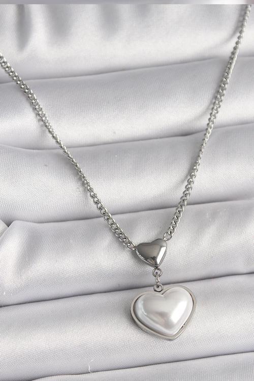 316L Çelik Gümüş Renk Zincir 3D Kalp Model Kadın Kolye