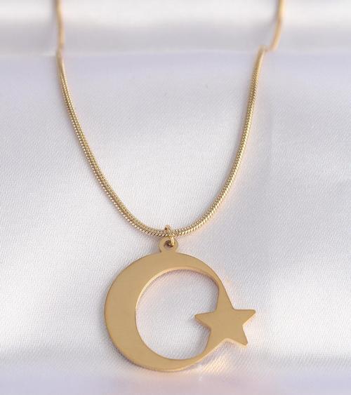 316L Çelik Zincir Gold Renk Ay Yıldız Unisex Kolye