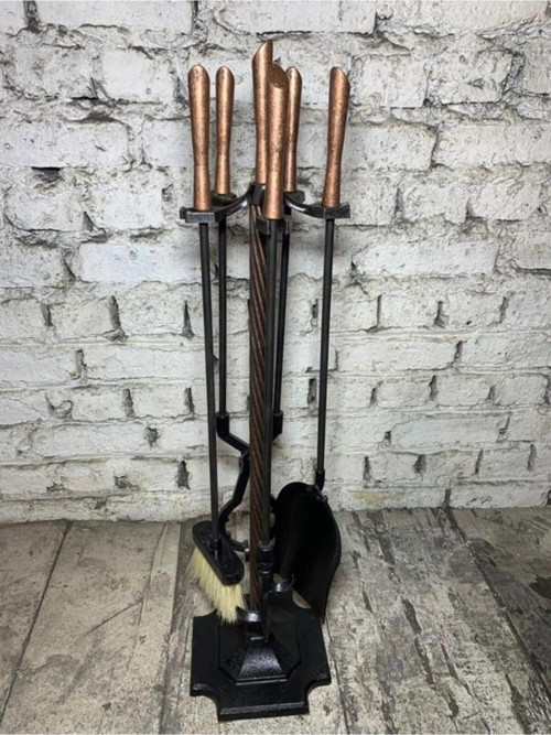 Luckyhomes Bakır Eskitme Ruj Başlıklı Şömine Maşa Takımı , Şömine Seti Kürekli