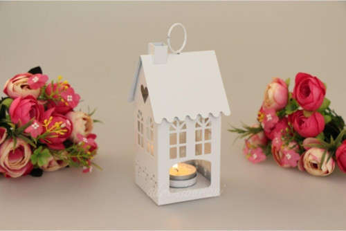 Ferforje Metal Küçük Ev Tealight Mumluk - 6 Renk Beyaz Beyaz