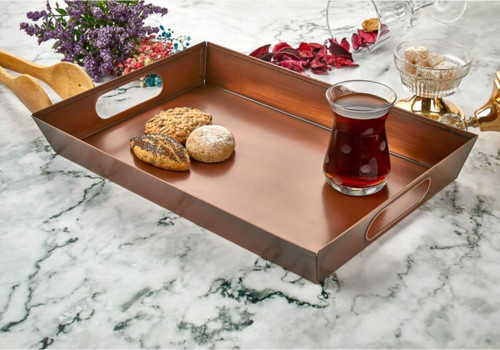 Luckyhomes Dekoratif Ev Sofra Mutfak Tepsi Çay Kahve Sunum Kulplu Dikdörtgen Bakır Tepsi 29Cm X 21Cm