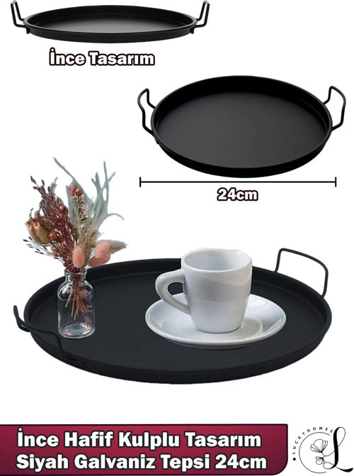 Luckyhomes Metal - Galvaniz Paslanmaz İnce Tasarım Servis Ve Sunum Tepsisi Siyah 24 Cm