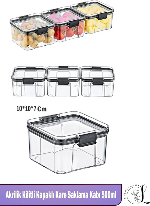 Luckyhomes 3 Adet Akrilik Kilitli Saklama Kabı 500Ml Pratik Ve Güvenli