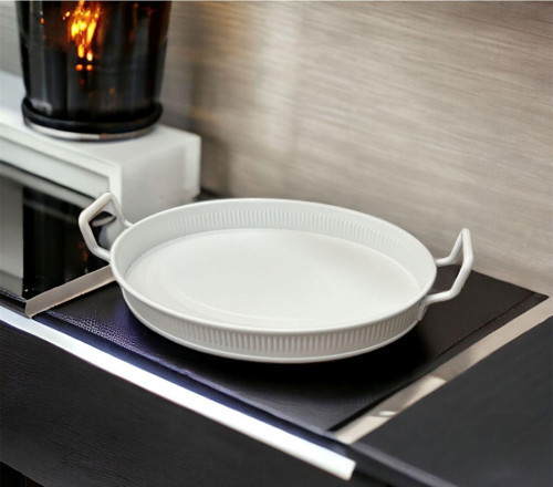 Luckyhomes Oval Çubuk Baskı Spiral Kulp Dekoratif Tepsi Beyaz 22X31
