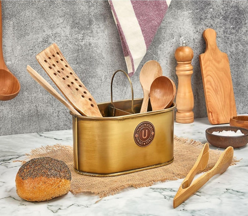 Luckyhomes Tezgah Üstü 2 Bölmeli Metal Düzenleyici Dekoratif Kaşıklık Gold The One