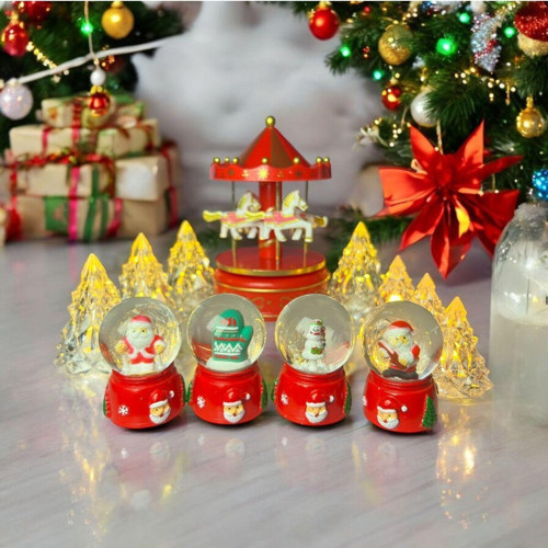 Luckyhomes 4Ad Yeni Yıl Işıklı Mini Kar Küresi Yılbaşı Hediyesi 3D Noel Baba Temalı Cam Küre Işıklı Dekoratif