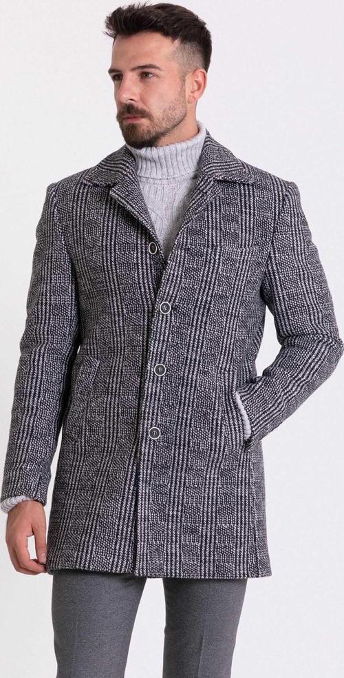 Erkek Desenli Slim Fit Gömlek Yaka Yün Kaban 21225 Siyah