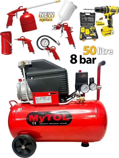 Mytol En Çok Tercih Edilen 2 HP 50 Litre Yağlı Hava Kompresörü ve Havalı Alet Seti Matkap Hediyeli