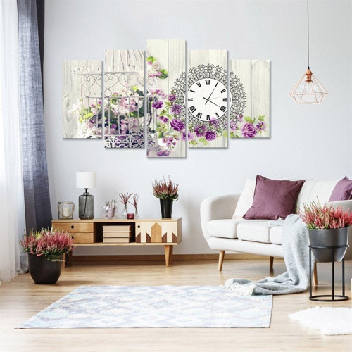 Mor Çiçekli Kafes Saatli 5 Parçalı Kanvas Tablo 60 X 100