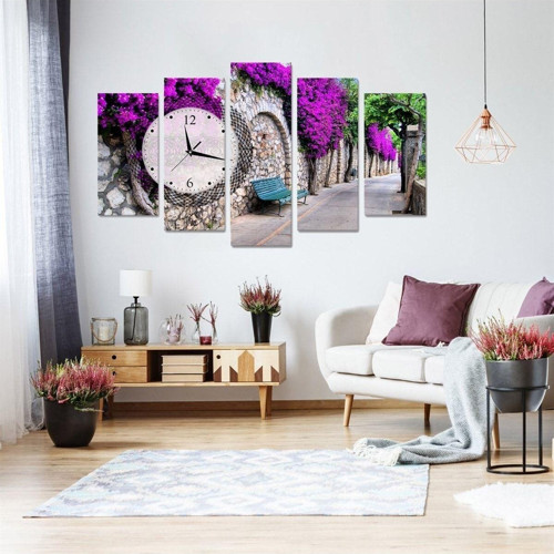 Mor Salkımlı Sokak Saatli 5 Parçalı Kanvas Tablo 60 X 100