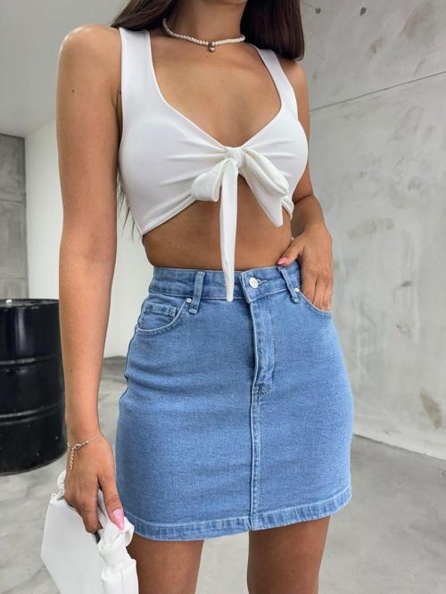 Kadın Yüksek Bel Mini Kot Denim Etek Mavi 42