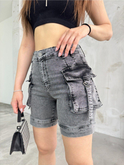Kadın Füme Kargo Cepli Yüksek Bel Esnek Şort Jeans Füme 42