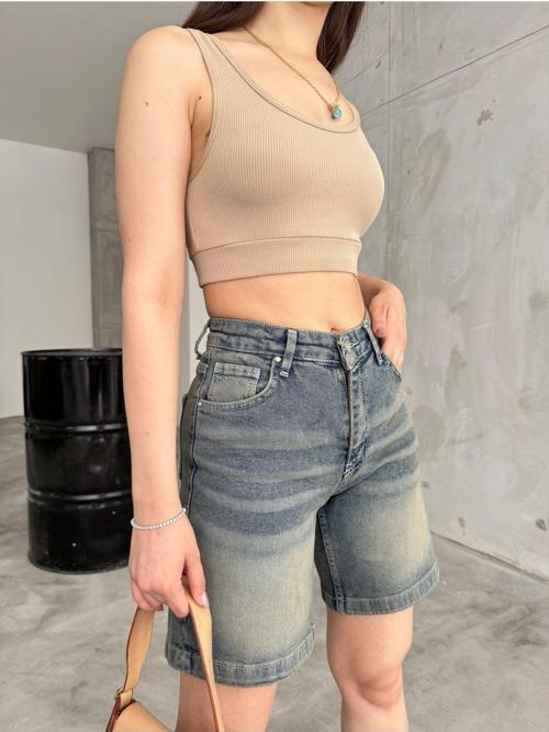 Kadın Kar Yıkama Soluk Efektli Yüksek Bel Denim Şort Koyu Mavi 36