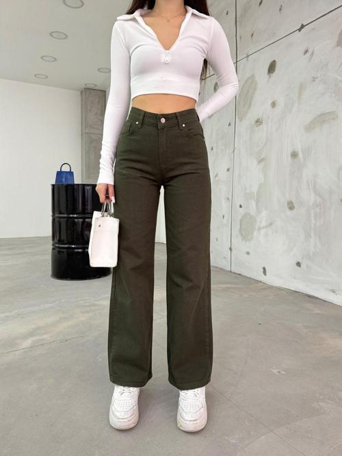 Kadın Haki Geniş Paça Palazzo Yüksek Bel Pantolon Haki 34