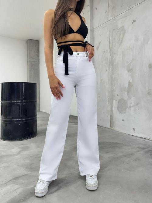 Kadın Beyaz Yüksek Bel Likralı Esnek Geniş Paça Palazzo Pantolon Beyaz M