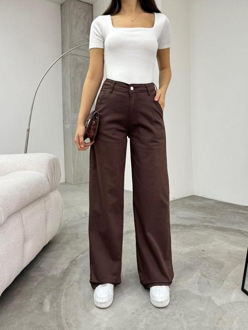 Kadın Yüksek Bel Likralı Esnek Geniş Paça Palazzo Pantolon Kahverengi XL