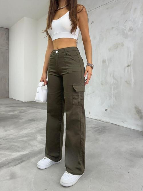 Haki Kargo Cepli Likralı Yüksek Bel Wide Leg Pantolon Yeşil M