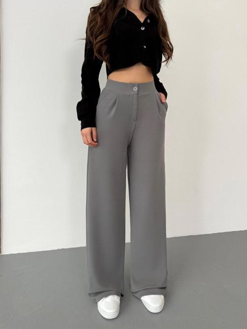 Kadın Açık Gri Likralı Palazzo Salaş Geniş Paça Pantolon Açık Gri L