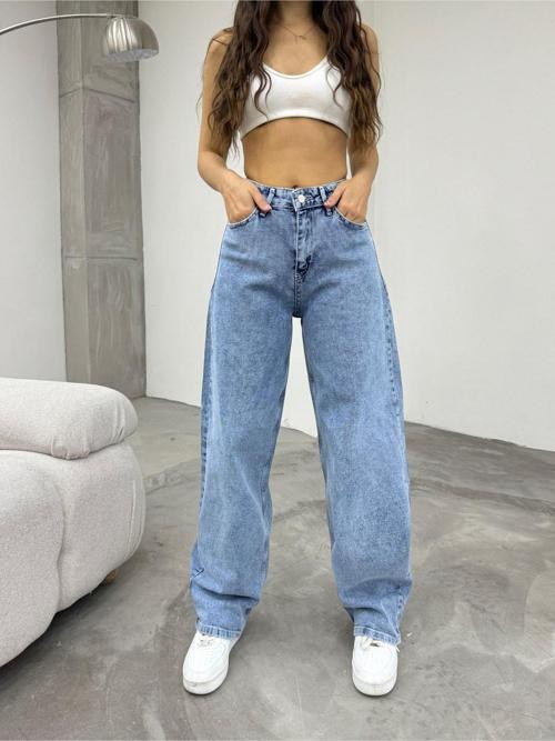 Kadın Açık Mavi Bol Kesim Geniş Paça Rahat Baggy Jean Pantolon Açık Mavi 38