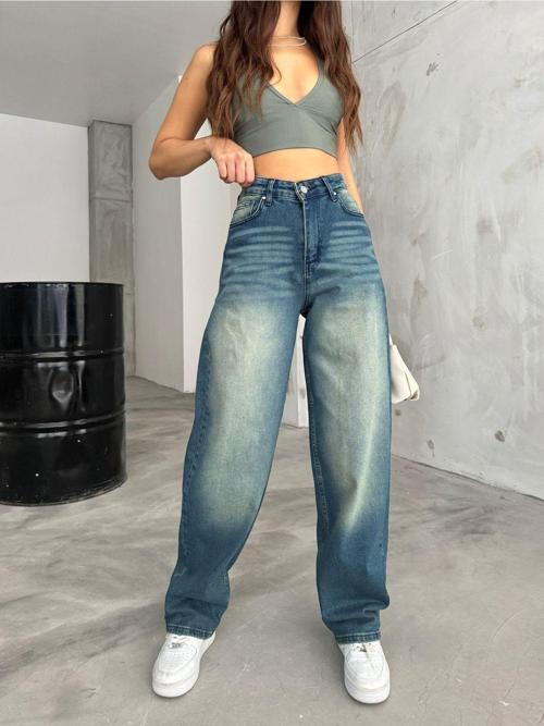 Kadın Soluk Efektli Bol Kesim Geniş Paça Rahat Baggy Jean Pantolon Koyu Mavi 42