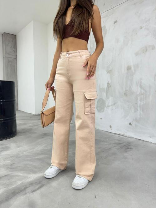 Kadın Krem Yüksek Bel Geniş Paça Kargo Pantolon Krem 40