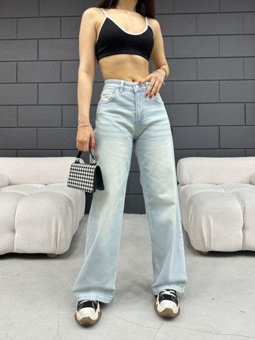 Kadın Bol Kesim Soluk Efekt Straight Fit Baggy Jean Soluk Mavi XS