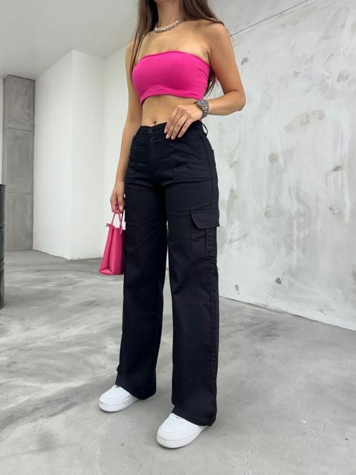Siyah Kargo Cepli Likralı Yüksek Bel Wide Leg Pantolon Siyah XL