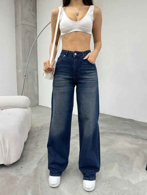Kadın Soluk Efekt Vintage Yüksek Bel Wide Leg Jeans Efektli Lacivert 32
