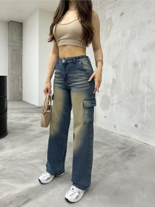 Kadın Soluk Efekt Vintage Yüksek Bel Wide Leg Kargo Pantolon Koyu Mavi 34