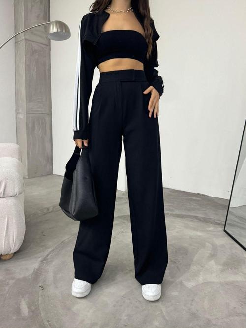 Kadın Yüksek Bel Cırt Kapama Palazzo Kumaş Pantolon Siyah 36