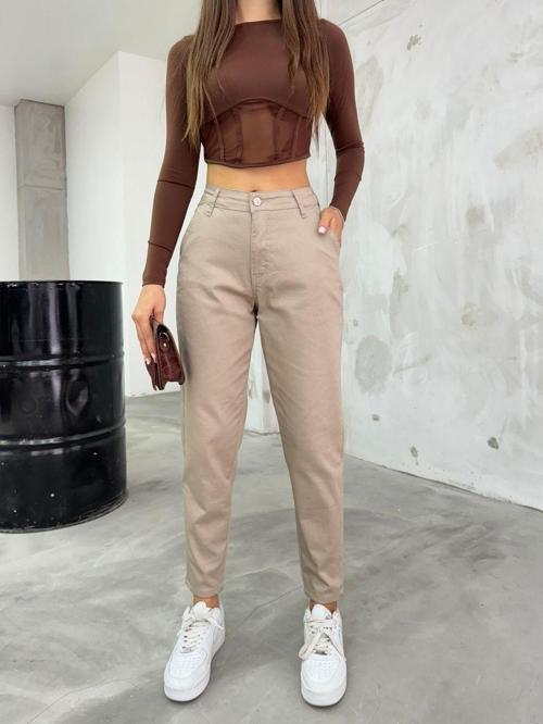 Kadın Yüksek Bel Likralı/Esnek Mom Pantolon Bej 36