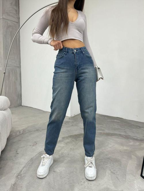 Kadın Esnek/Likralıyüksek Bel Mom Jeans Efektli Mavi 40