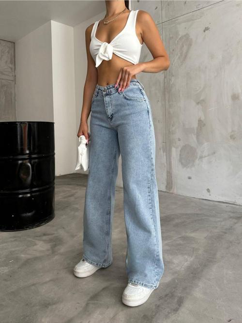 Kadın Açık Mavi Yüksek Bel Geniş Paça Bol,Salaş Palazzo Jeans Açık Mavi 38