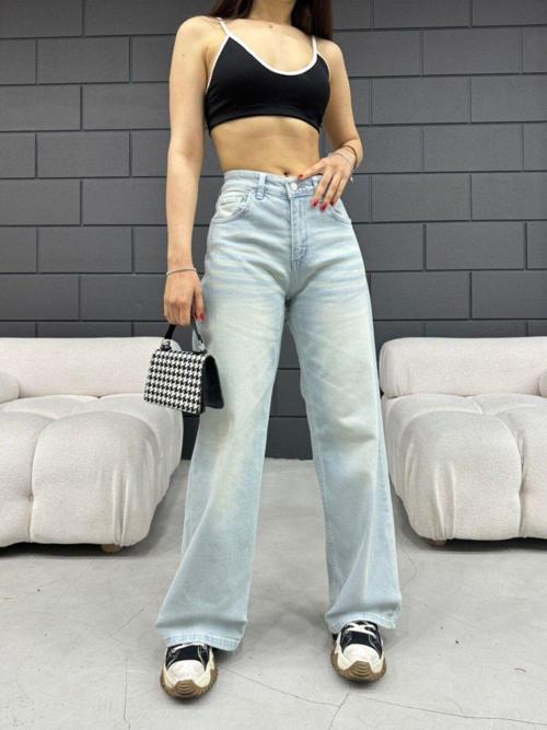 Kadın Bol Kesim Soluk Efekt Straight Fit Baggy Jean Soluk Mavi M