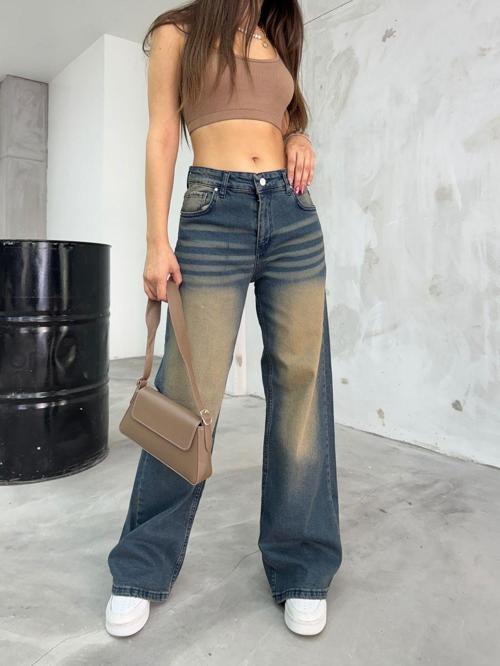 Kadın Bol Kesim Soluk Efekt Straight Fit Baggy Jean Koyu Lacivert 38