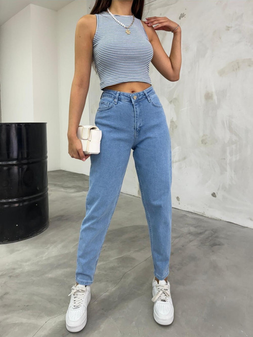 Kadın Esnek/Likralıyüksek Bel Mom Jeans Mavi 42