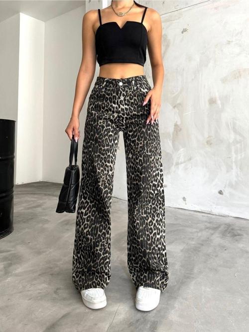 Kadın Leopar Desenli Yüksel Bel Geniş Paça Lıkralı Palazzo Pantolon Gri 36