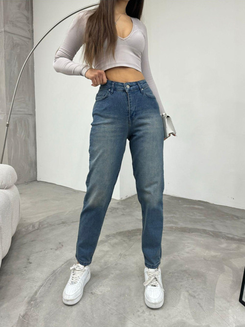Kadın Esnek/Likralıyüksek Bel Mom Jeans Efektli Mavi 44