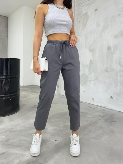 Kadın Pamuk Ve Keten Karışımlı Yüksek Bel Dar Kesim Cepli Pantolon Gri XL