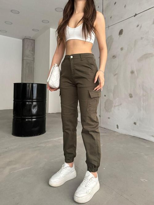 Haki Kargo Cepli Gabardin Kumaş Pantolon Haki L