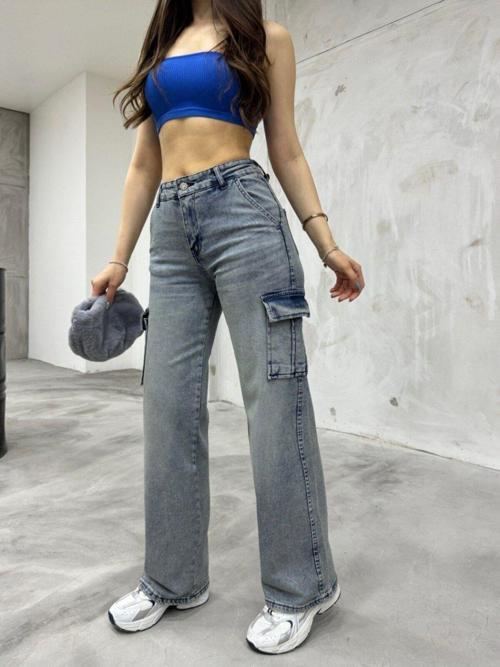 Kadın Soluk Efekt Vintage Yüksek Bel Wide Leg Kargo Pantolon Açık Mavi 42