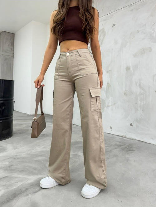 Bej Kargo Cepli Likralı Yüksek Bel Wide Leg Pantolon Bej XL