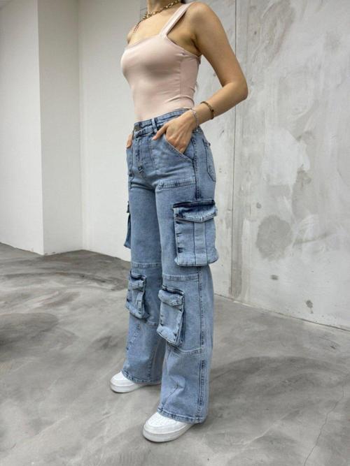 Mavi Yüksek Bel Çok Cepli Straight Fit Kargo Pantolon Mavi 34