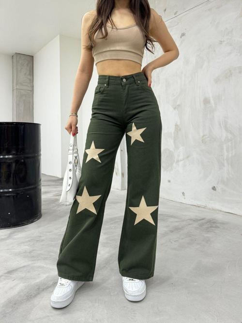 Flocked Star Yıldız Baskılı Geniş Paça  Straight Fit Wide Leg Jean Haki 42